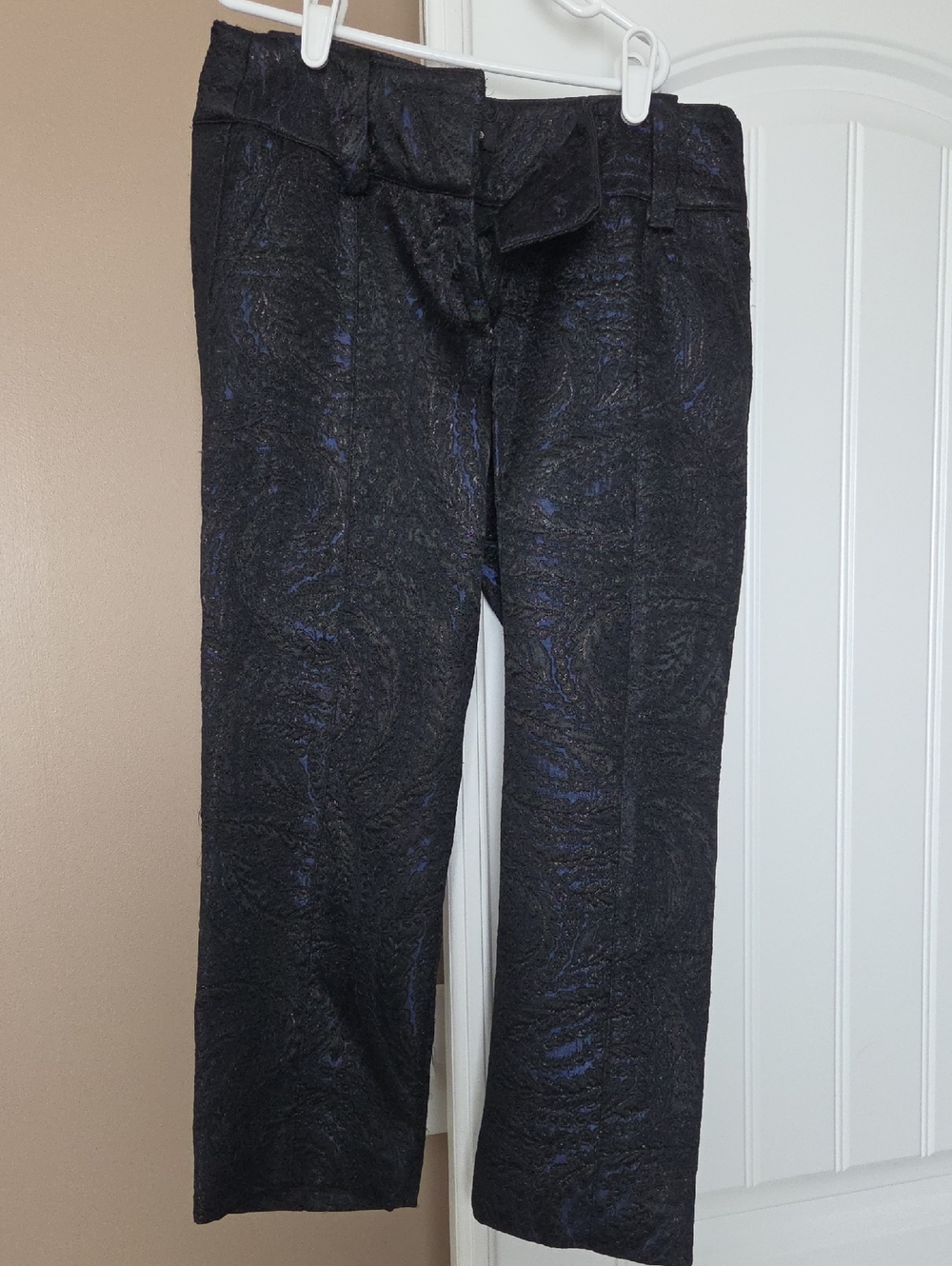 Bebe Black Capri Pants with Blue Metallic Brocade Detail - Like New